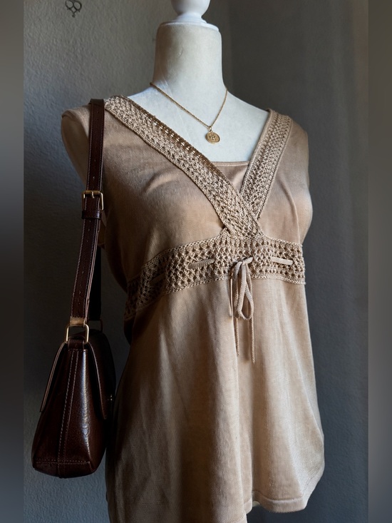 Axcess Tops - Axcess Liz Claiborne Crochet Knit Sweater Top Tie Waist Beige Oatmeal Size L